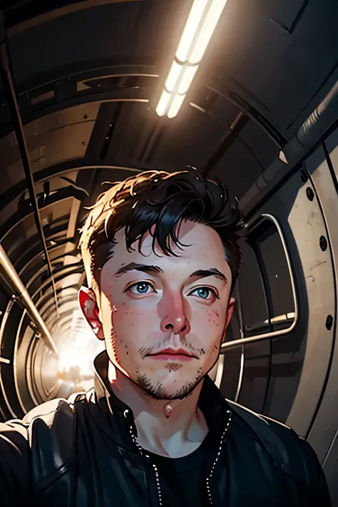 Create an animated image with close up of [Elon Musk] near a tunnel with a company logo Boring Company