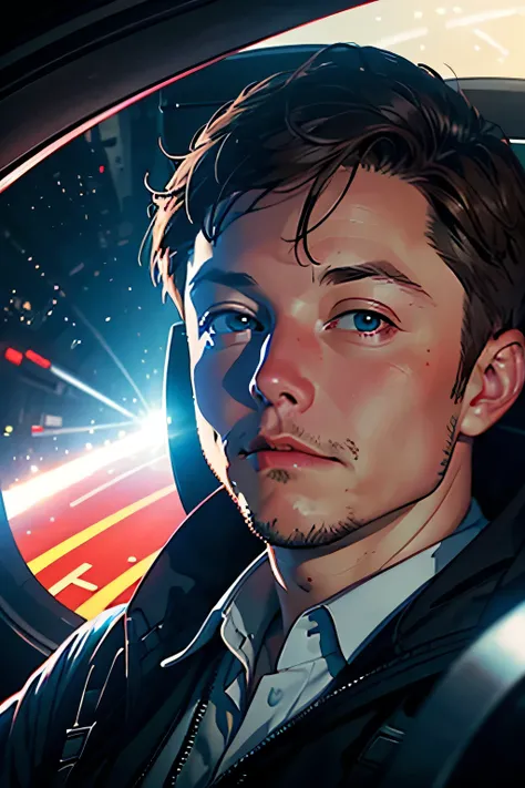 Create an animated image with close up of [Elon Musk] near a tunnel with a company logo Boring Company