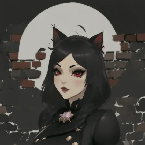 1 beautiful junkotvv woman with black hair, cat ears and red eyes in front of brick wall, white brick, cinderblock wall, top trim, Metal trim, TF2 texture, best videogame textures, albedo texture map, no lighting, fullbright. city at night, urban, Neon col...