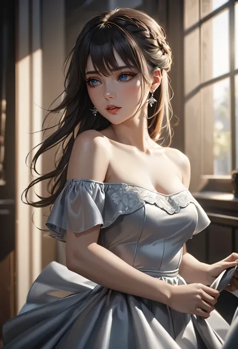 a beautiful woman with heterochromia, wearing an off-the-shoulder dress, in a cinematic lighting setting, in a kissing pose, (best quality,4k,8k,highres,masterpiece:1.2),ultra-detailed,(realistic,photorealistic,photo-realistic:1.37),RAW photography,1girl