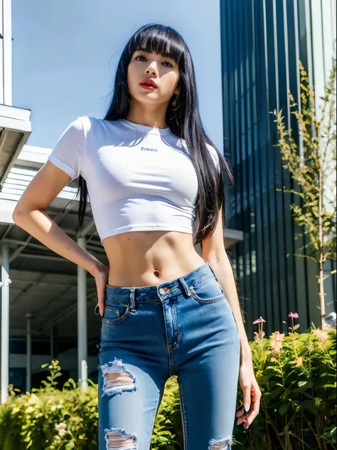 Lisa long hair, Lisa Face Shape, American retro sportswear, Cropped tight T-shirt, Digital printing, Denim ripped pants, Sexy, Long legs, Standing posture, masterpiece, superlative, Practical, HD, Natural sunlight, 16K