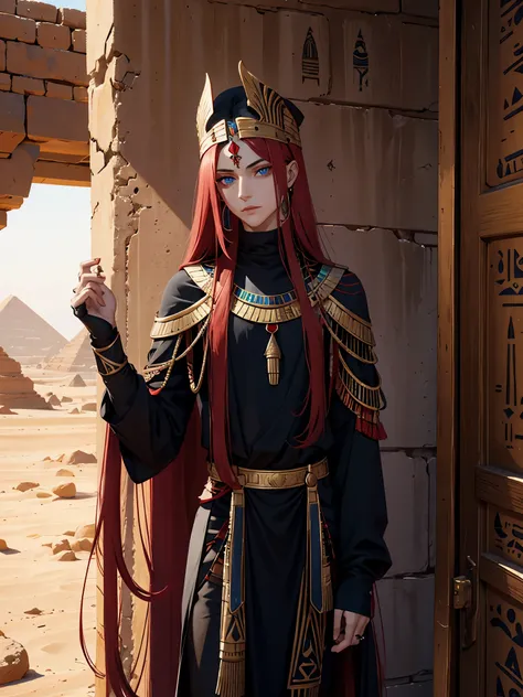 Egyptian deity Seth. long red hair, black colored clothes, red clothes. silver jewelry. light skin. Desert. Thron. Line Tattoos, Egyptian. blue eyes. Rotes Make Up. Femininer Mann