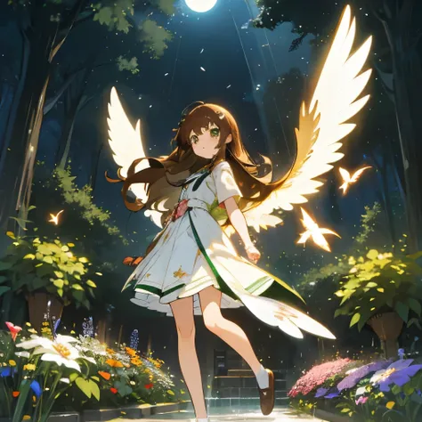 brown hair, long hair, straight hair, kawaii, anime, Cute, hyper quality, highly detailed, full body, 16k, green eyes, private clothes, wings of light on the back of body, one girl, nature background, moonlight, Meteor shower, light effects, one brown bird...