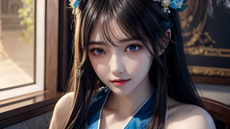 a close up of a woman with long hair wearing a blue dress, game cg, artgerm ; 3d unreal engine, stunning character art, 2. 5 d cgi anime fantasy artwork, hyperdetailed fantasy character, inspired by Li Mei-shu, epic exquisite character art, smooth anime cg...