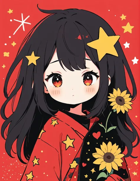 Black Star Red and White style, Simple Line Initialism，Abstract art，Kawaii Design, The most beautiful girl of all time、chibi, The background is star dust, colorful hearts, sunflowers, (((nap)))