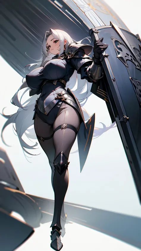 Plump girl, long silver hair, black eyes, big breasts, knight armor, Age 18, human, full body