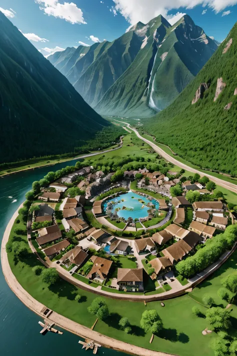 Create a village between two mountains with a waterfall scene from top view 