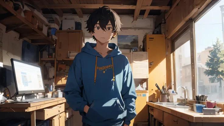 ((best quality)), ((masterpiece)), (detailed), a 22 years man standing straight and look at the camera he is a YouTube creater , he is in his studio, he wears a yellow hoodie and a blue jeans , he is looking handsome