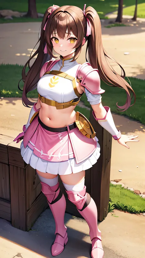 , brown hair, Twintail, yellow eyes, pink armor, Show your belly, smile, full body, pink boots, pink arm armor, white skirt armor