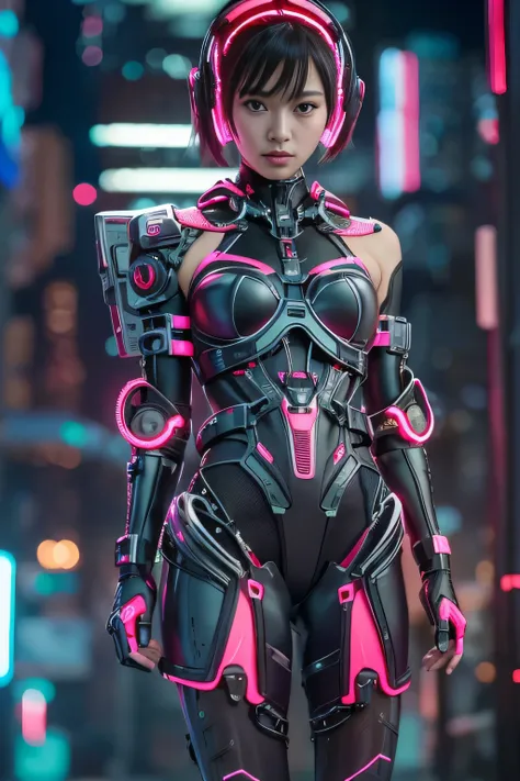 Highest quality, masterpiece, Ultra-high resolution, ((Realistic: 1.4), RAW Photos, 1. Cyberpunk Girl, 14 years old, Black Hair, Glowing Skin, 1. Mechanical Girl, (Ultra-Realistic Details)), Cinema Lighting, Deep Shadow, Octane Rendering, 8K, Super sharp, ...