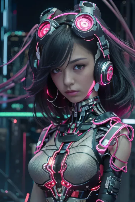 Highest quality, masterpiece, Ultra-high resolution, ((Realistic: 1.4), RAW Photos, 1. Cyberpunk Girl, 14 years old, Black Hair, Glowing Skin, 1. Mechanical Girl, (Ultra-Realistic Details)), Cinema Lighting, Deep Shadow, Octane Rendering, 8K, Super sharp, ...