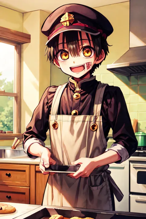 boy, solo, male focus, looking at viewer, baking in a kitchen, laughing excitedly, hanako-kun, black hair, yellow eyes