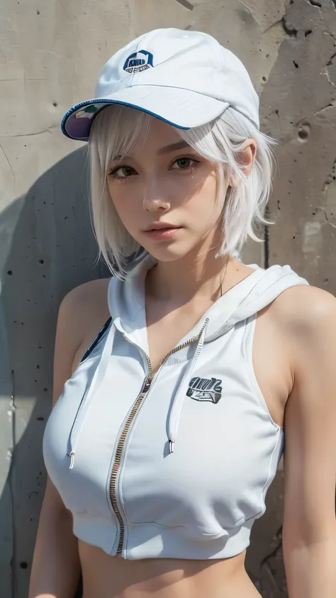 masterpiece, Highest quality, Very detailed, 8K, Realistic, One Girl, alone, Tomboy, Very detailed face, (head shot:1.5), Standing in front of a wall covered in hip hop graffiti, Pixie cut white hair, He is wearing a short tank top and an open-zipped hoodi...