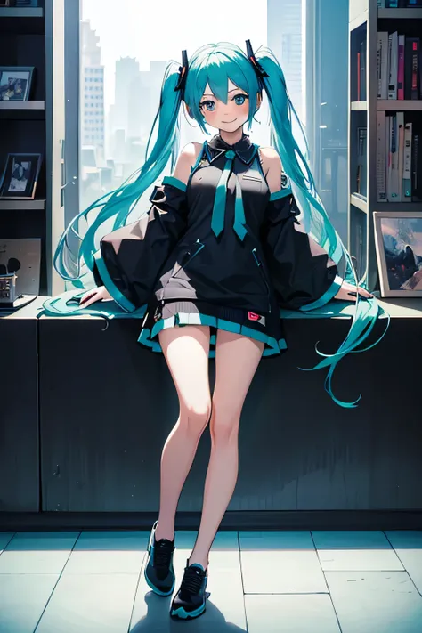 best quality, masterpiece, high resolution, solitary, (Hatsune_future_Blue File:1.10), 1 girl, Wide sleeves, Long sleeve, Looking at the audience, Heart, blush, Smile, Residence, Print 14 ，full-body shot