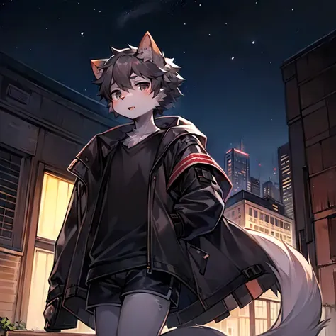 cute boy,4K,high quality,Starry Sky,night,Real modern city landscape,High-rise,roof,Sunlight,Cat fur is very soft,Black-gray hair,Black square,Wearing a see-through baggy jacket and shorts,character focus,Intricate details,(Japanese anime style)