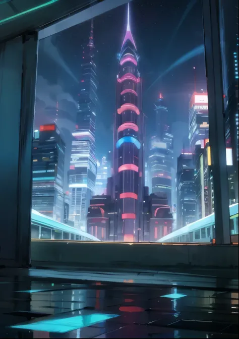 The street window of the store reflects the city of the future with tall buildings