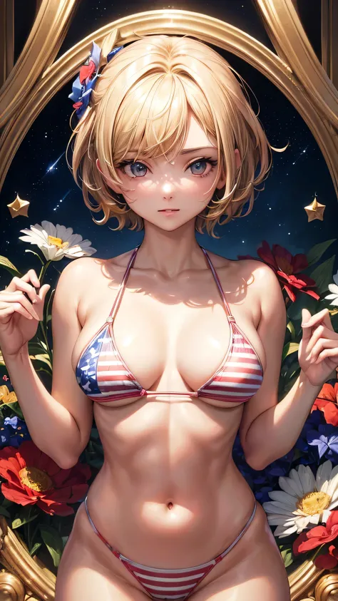 (masterpiece, highest quality, ultra high res, ultra detailed:1.3), 1 cute girl, ideal ratio body proportions, blonde short hair, stars and stripes pattern bikini, bra covered nipples, cameltoe, 