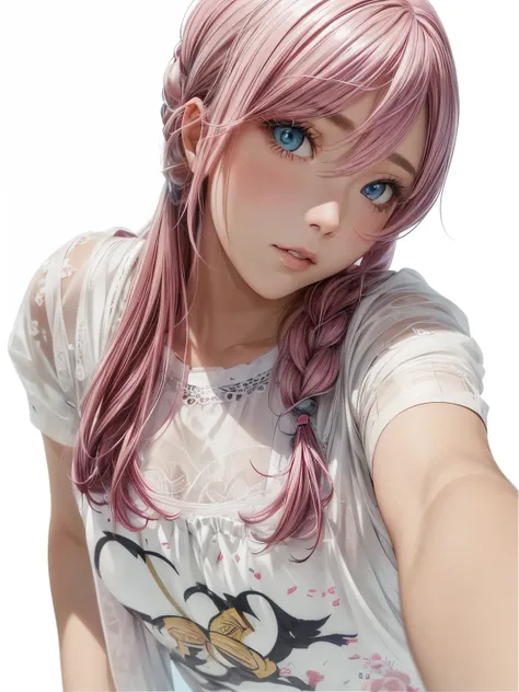 Pink Hair, High resolution, 1 Girl, Korean, Eyes with heterochromia, best quality, (masterpiece), best quality, 1girl, (独奏:1.1), Lens 135mm f1.8, highly detailed, intricate, (sketch:0.8), (white background:1.1),