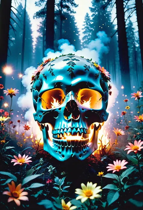 A close-up photograph of the head represents the skull., in a forest of burning flowers at night with fog and stars. 1982 realistic film, Creature, monochrome film. Cinecolor archival footage. Kodak Portra 400 film!!. F 2.8 lens flares. Very detailed. head...