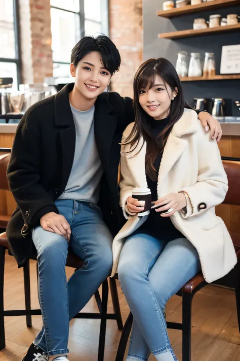 high quality,16K:1.1),(,  women sitting on chairs in a coffee shop）（Full Body Shot:1.2),Black Hair、Short Haircut、ear piercing、smile、Beautiful teeth alignment、((coat、sweater、Skinny jeans、スニーカー)), ,(View your audience:1.3),Coffee shop in the background
