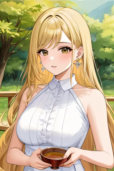 ((best quality)), ((masterpiece)), (detailed), Women aged 23-25 years, tidy, drinking tea, blonde hair, long hair, big breasts, small waist, detailed face, earring, wife