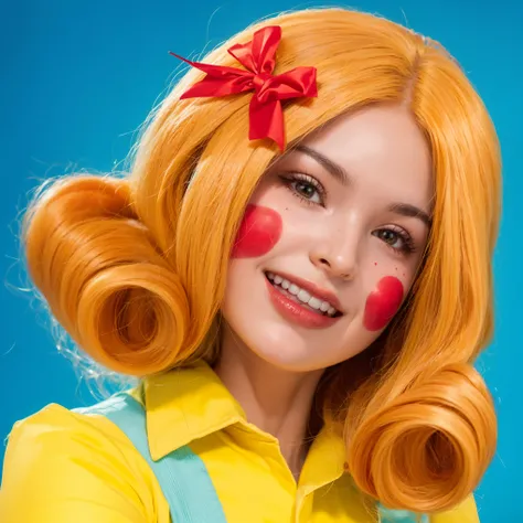 This image features a young woman with a radiant and whimsical appearance. She has vibrant orange hair styled in playful, voluminous curls and adorned with a bright red bow. Her makeup is theatrical with large, round red blush spots on her cheeks, compleme...