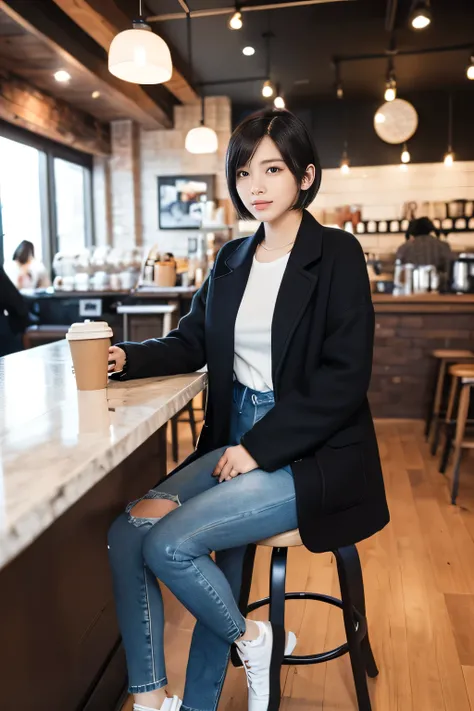 high quality,16K:1.1),(,  women sitting on chairs in a coffee shop）（Full Body Shot:1.2),Black Hair、Short Haircut、ear piercing、smile、Beautiful teeth alignment、((coat、sweater、Skinny jeans、スニーカー)), ,(View your audience:1.3),Coffee shop in the background
