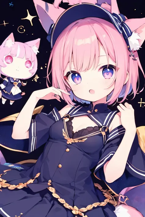 Navy uniform、Elementary school girl、7-year-old girl,Very beautiful and Shining Eyes、Shining Eyes、1 girl、Small breasts、Big Mouth、Large Breasts、Cat ear、Pink Short Hair