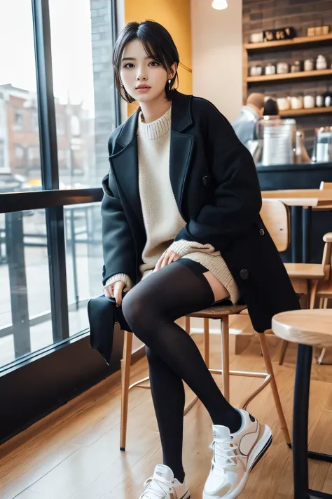 high quality,16K:1.1),(,  women sitting on chairs in a coffee shop）（Full Body Shot:1.2),Black Hair、Short Haircut、ear piercing、smile、Beautiful teeth alignment、((coat、sweater、Knee-length skirt、tights、sneakers)), ,(View your audience:1.3),Coffee shop in the b...