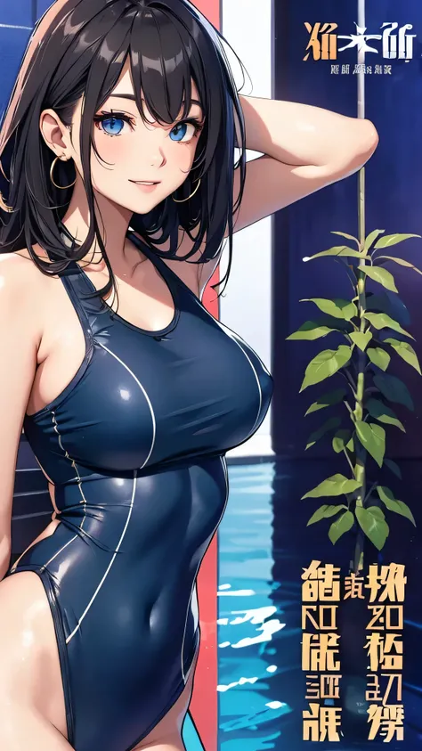 最high quality、Best image quality、masterpiece、With a girl((cute、18-year-old、Best Bust、Medium Bust、Bust 85,Beautiful Blue Eyes、Spread your chest wide,Black Hair、Slender、The best valley、、Blue school swimsuit,Show the whole body、Blue Mesh,Leaning forward great...