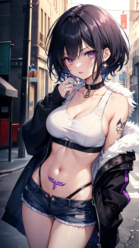 High resolution,high resolution,Girl,Black Hair,Short Hair,Purple Eyes,Slanted Eyes,Bad mood,boyish,slender,Toned body,Street,hoodie,Tattoo,fur,Shorts,low length,Starry Sky,choker,Large Breasts,Open your mouth,Sticking out tongue