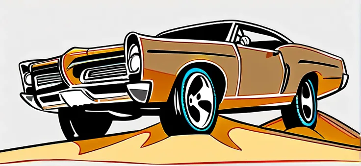 Dark Taupe  colored 1967 Pontiac GTO , pop art, cartoonish style , sketch, detailed illustration, large wheels, slammed to the ground, wide bodykit, masterpiece, highly detailed ((([simple  grey background])))
