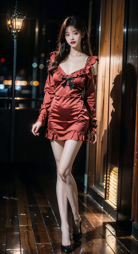 cyb dress, frilled dress, frills, gothic, bow, long sleeves, ((Full breasts)), ((Visible cleavage)), ((漏出Sexy legs)), ((Sexy legs)), ((Long-legged beauty)), ((whole body)), Practical, Fashion Girl, Red lips, Mature women, Exquisite makeup, big eyes, beauti...