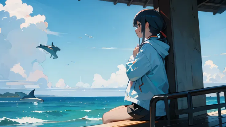 Girl looking at the sea, dolphins swimming