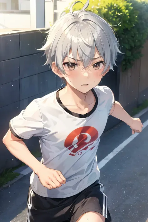 Kimishima Ikuto、17 years old、（1:boy)、(Hairstyle:Silver short hair,Silver Hair)、Slanted Eyes、Brown eyes、Perfect Anatomy、runner、(running),running、Sweat、whole body、Dynamic Angle