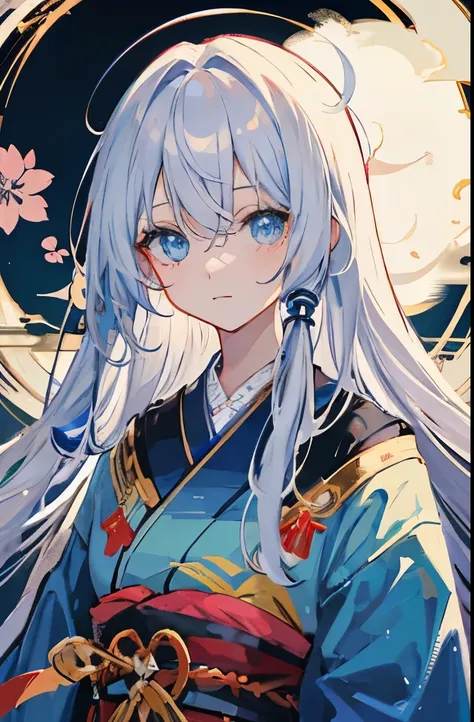 Drawing anime girl long white hair blue eyes bangs Kimono