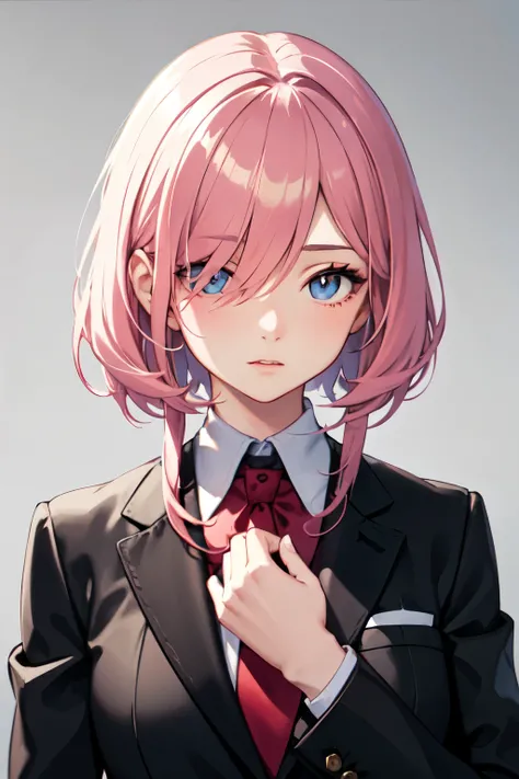 European girl portrait,alone,20-year-old,Beautiful Face,Upper Body,Hair on one eye,Medium Sidecut, Pink Hair, Sharp focus,Black business suit