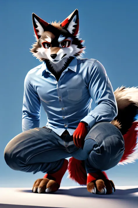 male black wolf furry squat pose jeans and sky blue shirts blue pink background fluffy tail red eyes