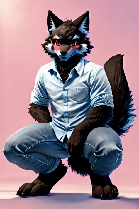 male black wolf furry squat pose jeans and sky blue shirts blue pink background fluffy tail red eyes