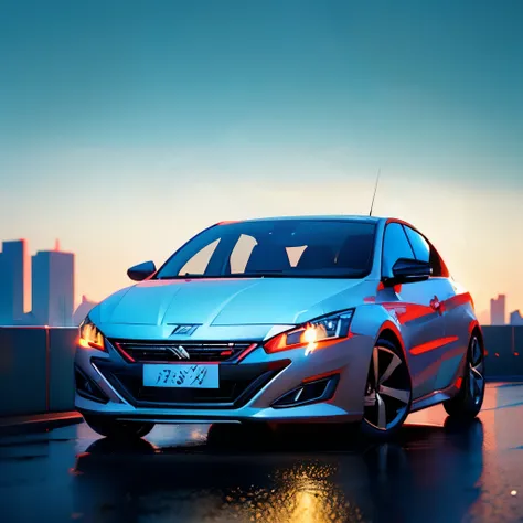 ((a Peugeot 308 car)), in white, set against the cinematic backdrop of São Paulos cityscape, boasts a color scheme of oil and silver, showcasing high-quality details at 8K resolution. The suns lighting creates a dramatic, cinematic atmosphere, capturing th...