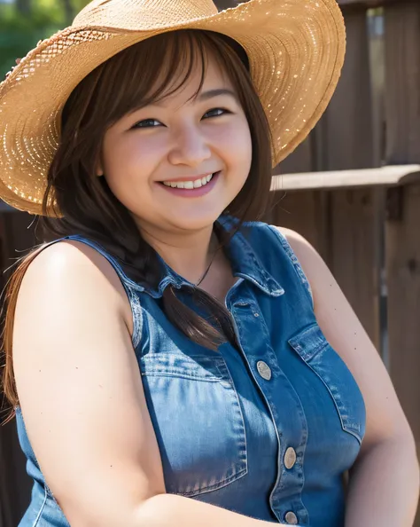 ((8K)), highest quality, 超High resolution, (High resolution), 1 female, ((Sleeveless)), ((Chubby)), ((Chuckle-Smile)), cowboy shot