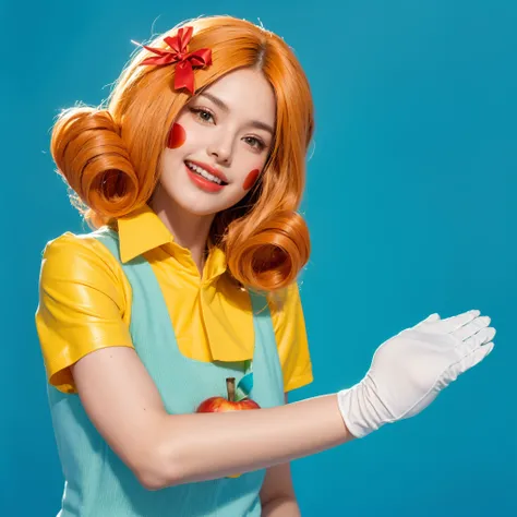 This vibrant image features a young woman styled in a captivating and colorful costume, reminiscent of a cheerful and animated character. Her hair is a bright orange, fashioned into bouncy, voluminous curls and accented with a red bow, enhancing her lively...