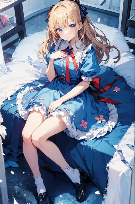 Anime Girls,(Official Art、Highest quality、unity 8k wallpaper、32k、masterpiece、Very detailed、Ultra-high resolution)、wonderful、((Alice in Wonderland))、blonde、Tie your hair with a ribbon、Blue colored eyes、Blue Apron Dress、White socks、
