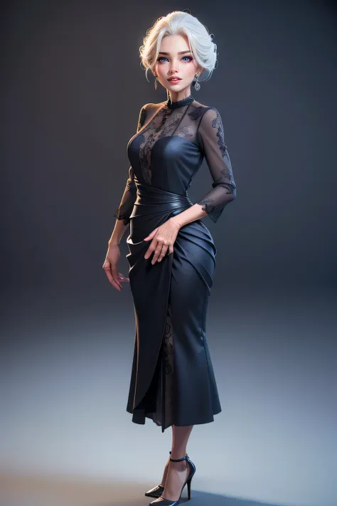 A hyper realistic carricature ,photorealism,of a skinny old woman,  50yo.with random hair style,standing.wearing elegant dress ,light smile, high detail,3d render,high definition.medium body