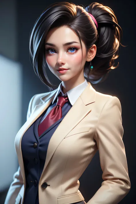 A hyper realistic carricature ,photorealism,of a  woman  30 yo.with random hair style,standing.wearing  office suit ,light smile, high detail,3d render,high definition