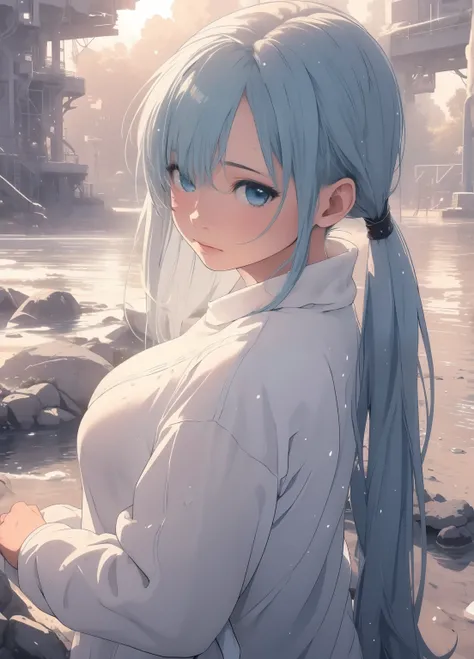 (masterpiece、Highest quality、Highest quality、Official Art、Beautiful and beautiful:1.2)、(One girl:1.3)Hatsune Miku、Twin tails,Beautiful breasts,(Highest quality,High resolution,masterpiece:1.2),(Realistic:1.37),Abstract,Splash,detailed,Melting,Gray Hair,sho...