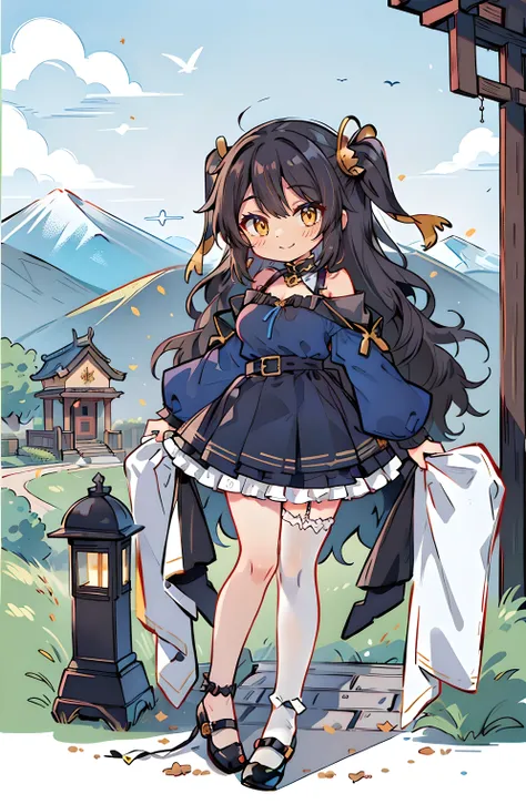 (masterpiece:1.2), (high quality:1.2), hui xiyi, rekkyo sensen, rekkyou sensen, (full body, chibi girls:1.45), solo focus, girls with((black hair, tits cleavage, exposed breasts, breasts close up, dress, (blue clothes:1.3), ribbon belt, off-shoulder sleeve...