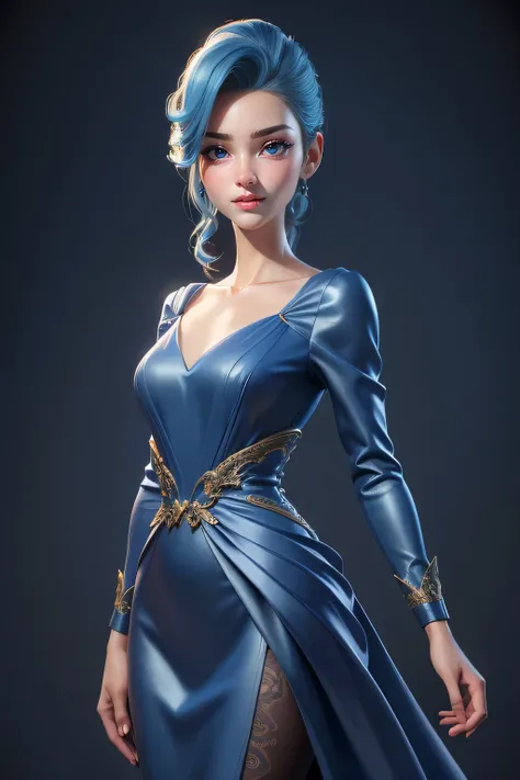 A hyper realistic carricature ,photorealism,of a skinny woman 20yo.with random hair style,standing.wearing blue  elegant dress ,light smile, high detail,3d render,high definition.medium body