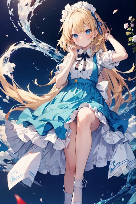 Anime Girls,(Official Art、Highest quality、unity 8k wallpaper、32k、masterpiece、Very detailed、Ultra-high resolution)、wonderful、((Alice in Wonderland))、blonde、Tie your hair with a ribbon、Blue colored eyes、Blue Apron Dress、White socks、
