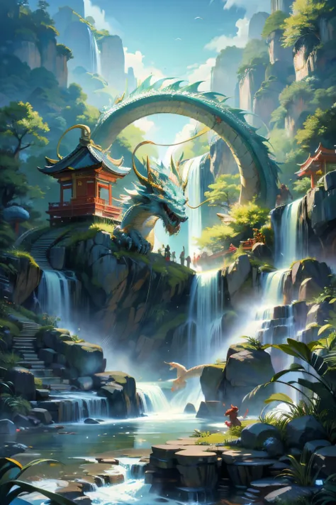 Chinese Dragon, Huge, Huge color images, white Dragon, Cheyron Masterpiece，shrine，Flying in the sky，Like a serpent，hope，Positive，beautiful，torii Waterfall training